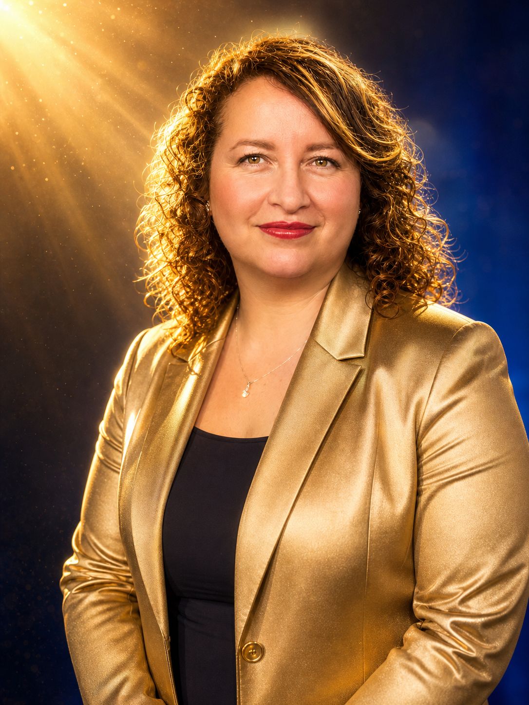 Retrato de Carla Oneto con chaqueta dorada